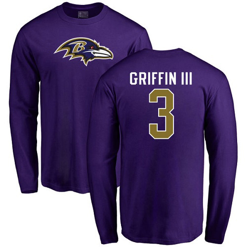 Men Baltimore Ravens Purple Robert Griffin III Name and Number Logo NFL Football #3 Long Sleeve T Shirt->nfl t-shirts->Sports Accessory